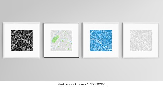 Realistic vector set of square picture frames isolated on gray background with urban city map of Paris.