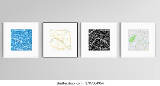 Realistic vector set of square picture frames isolated on gray background with urban city map of Paris.