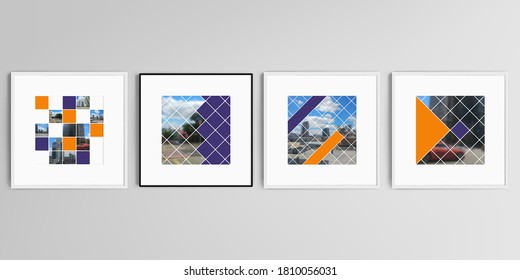 Realistic vector set of square picture frames isolated on gray background. Abstract design project in geometric style with squares and place for photo.