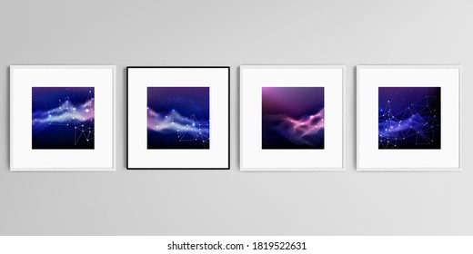 Realistic vector set of square picture frames isolated on gray background. Digital data visualization, polygonal science dark background.