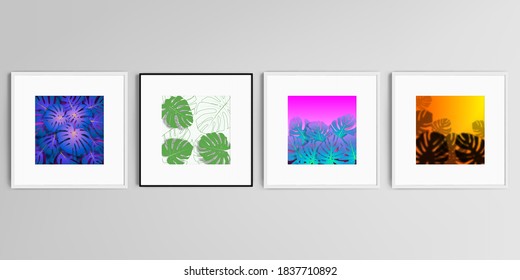Conjunto vectorial realista de marcos cuadrados aislados en fondo gris. Hojas de palma tropical, sombra de hojas de selva tropical. Antecedentes florales.