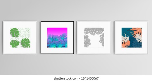 Conjunto vectorial realista de marcos cuadrados aislados en fondo gris. Hojas de palma tropical, sombra de hojas de selva tropical. Antecedentes florales.