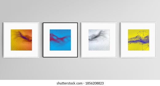 Conjunto vectorial realista de marcos cuadrados aislados en fondo gris. Colorido fondo de superficie de partículas onduladas para el concepto de tecnología o ciberespacio científico.