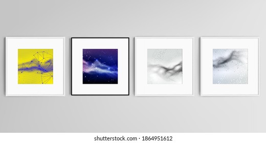 Realistic vector set of square picture frames isolated on gray background. Colorful wavy particle surface background for technology or science cyber space concept.