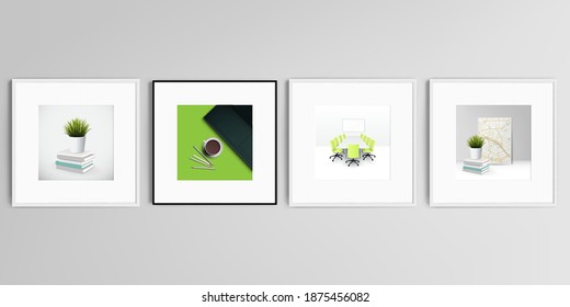 Realistic vector set of square picture frames isolated on gray background. Home office concept, study or freelance, working from home.