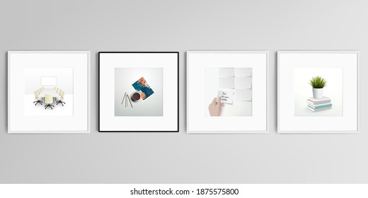 Realistic vector set of square picture frames isolated on gray background. Home office concept, study or freelance, working from home.