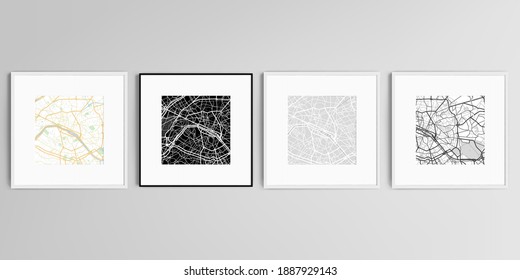 Realistic vector set of square picture frames isolated on gray background with urban city map of Paris.