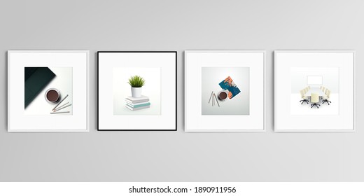 Realistic vector set of square picture frames isolated on gray background. Home office concept, study or freelance, working from home.
