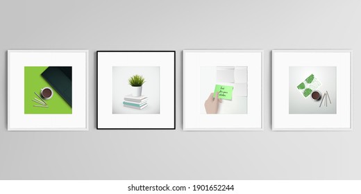 Realistic vector set of square picture frames isolated on gray background. Home office concept, study or freelance, working from home.