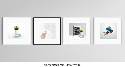 Realistic vector set of square picture frames isolated on gray background. Home office concept, study or freelance, working from home.