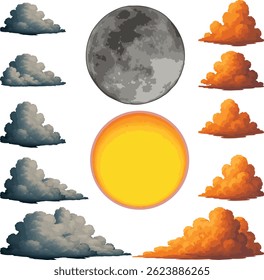 Realistic vector set of sun, moon, and clouds in daytime and sunset colors. Ideal for weather icons, sky backgrounds, and nature-themed illustrations.