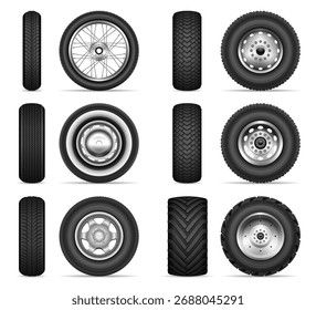 Realistic vector set of various car and truck tires with different rims. Includes side, front, and angled views. Perfect for automotive designs, ads, or technical illustrations.