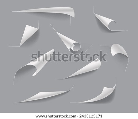 Realistic Vector Set Of White, Blank Paper Sheet Curled Corners. Templates Presenting A Bent, Curved Edge Design Element