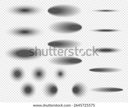 Realistic vector shadow set with soft gradients and blurred transparency on transparent background, perfect for mockups, overlays, UI elements, product displays, and web design