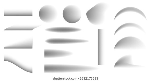 Realistic vector shadows of different angles, sizes and directions. Eye shadow collection isolated on white background. Overlay shadow effect. Vector set, perspective, isometric, eps 10