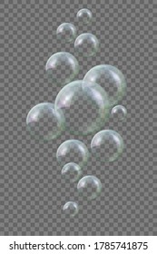 Realistic vector shampoo foam soap bubble floating group isolated on gray transparent background. Round clean clear foam sphere with color reflection, glare and shadow in motion levitation design