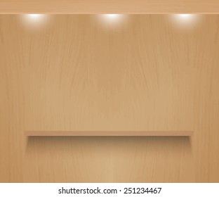 Realistic vector shelf on textured wooden background.