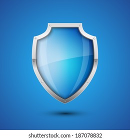 Realistic Vector Shield, glossy glass on blue background