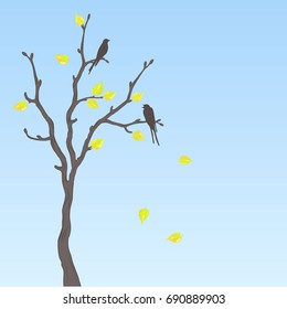 Realistic vector silhouette autumn tree and birds for your design on the blue background. Vintage hand drawn illustration with space for text