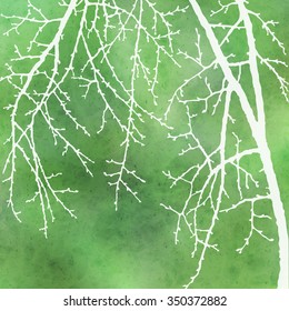 Realistic vector silhouette spring tree  for your design on  a dark green watercolor background.  Vintage hand drawn illustration