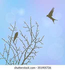 Realistic vector silhouette spring tree and bird for your design on  the blue background. Vintage hand drawn illustration with space for text