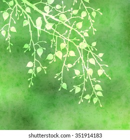 Realistic vector silhouette spring tree for your design on  the dark green watercolor background. Vintage hand drawn illustration