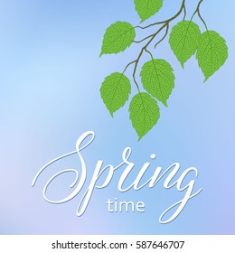 Realistic vector silhouette spring tree for your design on the blue background. Vintage hand drawn illustration with space for text