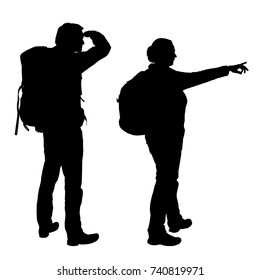 Realistic vector silhouettes of men and women with backpacks on back showing hand and looking away, isolated on white background