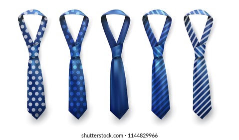 Realistic vector silk satin stripe tie set. Male necktie for business and formal clothing accessory attire, men fashion style trend. knot navy blue. Pattern dot