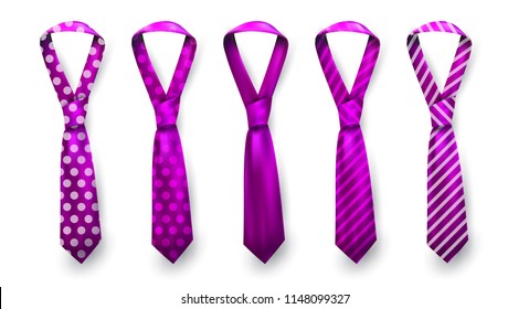 Realistic vector silk satin stripe tie set. Male necktie for business and formal clothing accessory attire, men fashion style trend. knot teal red purple pink yellow green navy blue. Pattern dot