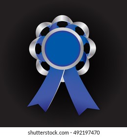 Realistic vector silver award with blue bow and ribbon on dark background. Round composition. Paste your photo inside. Employee of the year concept.