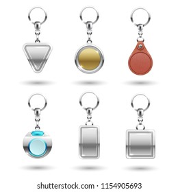 Realistic vector silver, golden, leather keychains in different shapes isolated on transparent background. Keychain metallic souvenir, trinket keyring, keyholder and breloque illustration