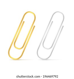 Realistic vector silver and golden paper clips on white background. Vector illustration