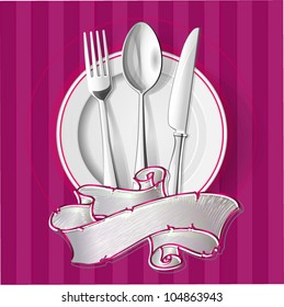 Realistic vector silver spoon, fork and table knife with plates.