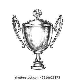 Esbozo vectorial realista del trofeo ganador. Ilustración de la copa campeona. Ganó la mano por el primer lugar. Tazón para celebración campeona o victoria en evento deportivo. Goblet para la competencia. Trofeo de líder. Premio