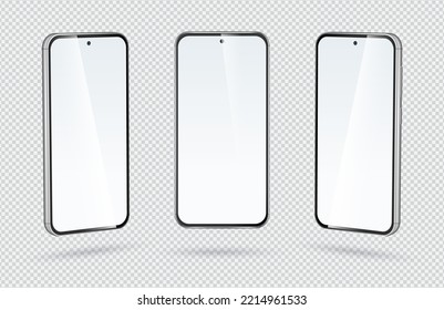 Smartphone vector realista. Broma aislada de teléfonos celulares. Vista frontal, derecha e izquierda del teléfono móvil con pantalla en blanco aislada en fondo transparente.