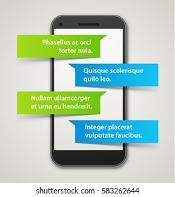 Realistic vector smartphone with a messenger app. Paper 3d speech bubbles hanging from the screen. Cool infographic, ad or presentation template with sample text.