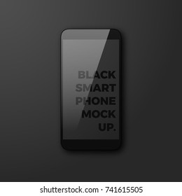 Realistic vector smartphone mockup on black background. Shiny dark black smart phone template with empty blank screen with copyspace for your design.