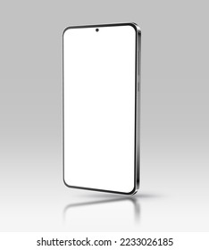Smartphone vector realista. Teléfono inteligente con pantalla blanca brillante aislada en fondo gris claro.