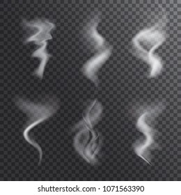 Realistic Vector Smoke Isolated On Dark Background. Transparent Steam Waves For Hot Food And Drink. Fog Or Mist Effect