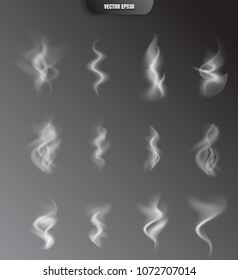 Realistic Vector Smoke Isolated on Dark Background. Transparent Steam Waves for Hot Food and Drink. Fog or Mist Effect