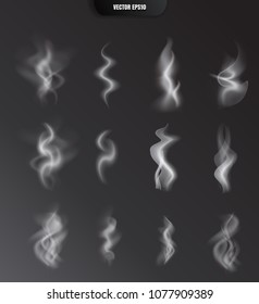 Realistic Vector Smoke Isolated on Dark Background. Transparent Steam Waves for Hot Food and Drink. Fog or Mist Effect