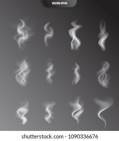 Realistic Vector Smoke Isolated On Dark Background. Transparent Steam Waves For Hot Food And Drink. Fog Or Mist Effect