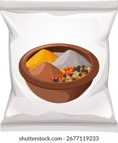 Vetor realista de pacote de lanche e tigela de especiarias com pós coloridos, limpo isolado no branco.