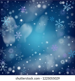Realistic Vector Snowfall on Blue. Christmas, New Year Sky Holidays Background. Realistic Snowfall Texture, Flying Snowflakes Overlay. Christmas Decoration, Ice, Storm, Frost Effect Vector Border.