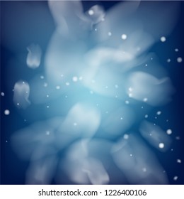 Realistic Vector Snowfall on Blue. Holidays Background, Christmas, New Year Sky. Realistic Vector Snowfall, Flying, Falling Snowflakes. Christmas Dots, Storm, Frost Effect Magic Ice Square Frame.