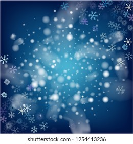 Realistic Vector Snowfall on Blue. Christmas, New Year Ad, Flyer, Card Background. Realistic Snowfall Pattern, Falling Snowflakes Overlay. Christmas Dots Frame, Ice, Storm, Frost Effect Vector Border.