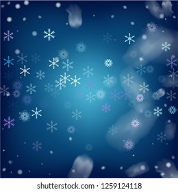 Realistic Vector Snowfall on Blue. Holidays Background, Christmas, New Year Flyer. Realistic Snowfall Texture, Flying Snowflakes Overlay. Christmas Dots Frame, Ice, Storm, Frost Effect Vector Border.
