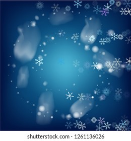Realistic Vector Snowfall on Blue. Holidays Background, Christmas, New Year Flyer. Realistic Snowfall Pattern, Falling Snowflakes Overlay. Winter Dots, Storm Sky, Frost Effect Silver Ice Square Frame.