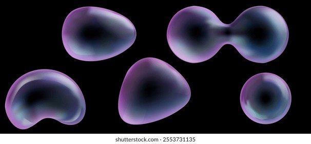 Realistic vector soap or glass bubbles various shapes isolated on black background. 3d cartoon design elements.